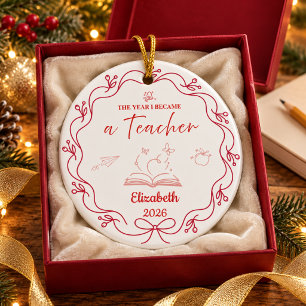 Red Minimalist Teacher Christmas Custom Name Year Ceramic Tree Decoration