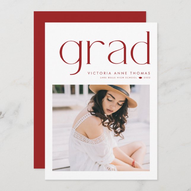 Red Minimalist Typography Photo Graduation Announcement (Front/Back)