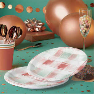 Red Mint Peppermint Mocha Plaid Stripes Christmas Paper Plate