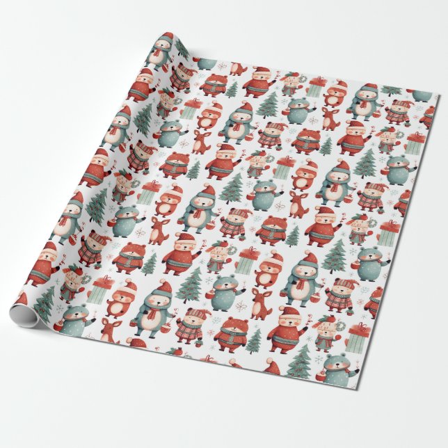 Red Mint Reindeer Bear Santa Pattern Christmas Wrapping Paper (Unrolled)