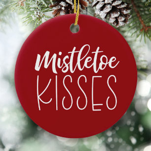 Red Mistletoe Kisses Newlwed Photo Christmas Ceramic Tree Decoration