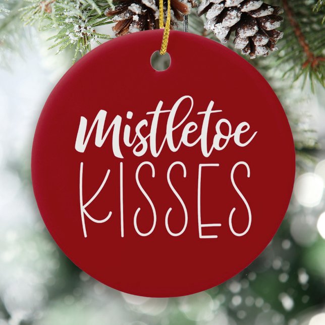 Red Mistletoe Kisses Newlwed Photo Christmas Ceramic Tree Decoration (A cute newlywed photo ornament, Add your photo and names on the back.)