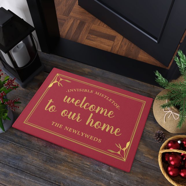 Red Mistletoe Welcome to our Home Doormat (Welcome your guests with this festive red Christmas doormat this Holiday Season. Just add your name)