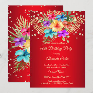 Red Mixed Colour Yellow gold palms floral Birthday Invitation