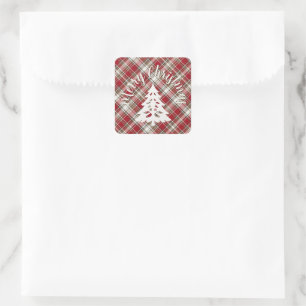 Red, Mocha & Cream Plaid - Merry Christmas + Tree Square Sticker