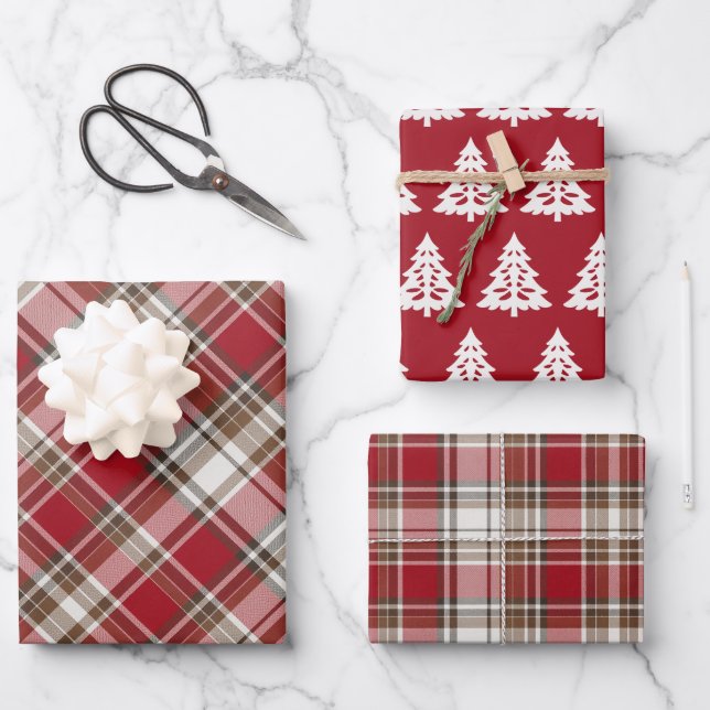 Red, Mocha & Cream Plaid with Tree  Wrapping Paper Sheet (Front)