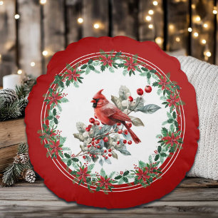 Red Mockingbird Poinsettia Borders Elegant Round Cushion