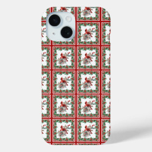 Red Mockingbird Poinsettia Borders Red iPhone 15 Case