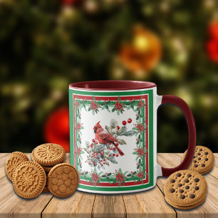 Red Mockingbird Poinsettia Borders Red Green Mug