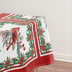 Red Mockingbird Poinsettia Borders Red Tablecloth