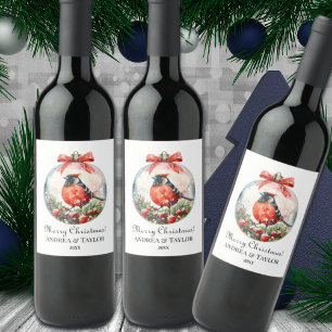 Red Mockingbird Winter Landscape Wine Label
