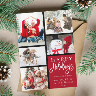 Red Modern 5 Photo Collage Christmas Holiday Card