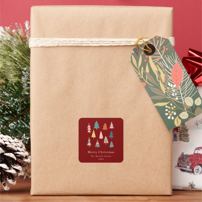 Red Modern and Simple Elegant Christmas Trees Square Sticker (Holiday)