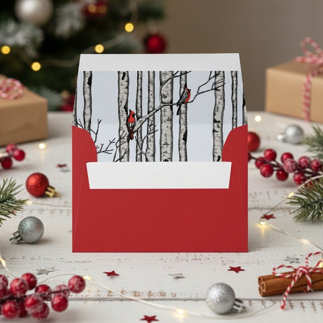 Red Modern Birch Trees and Cardinal Birds Envelope (Rustic Birch Trees, Red Cardinal Bird Envelopes in Festive Red and Sage. Christmas Illustration)