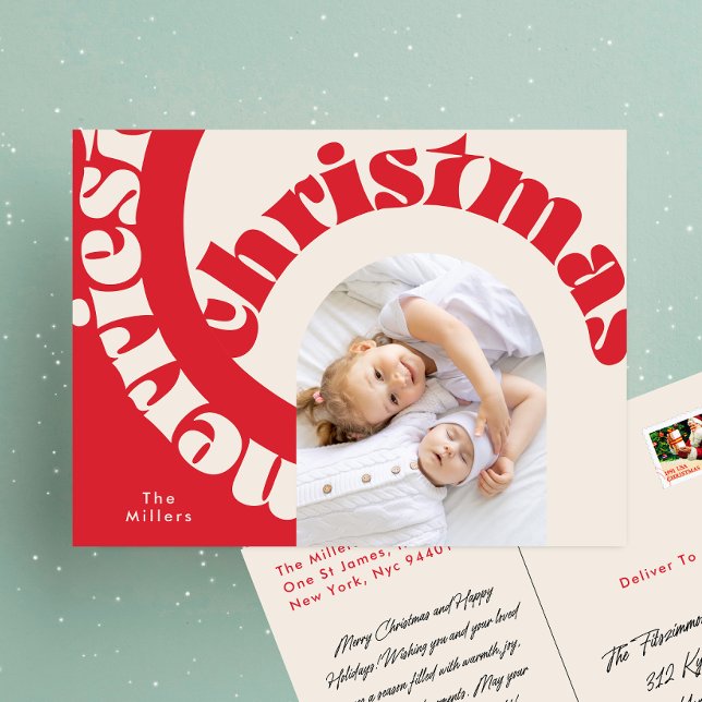 Red Modern Bold Typography Christmas One Photo Holiday Postcard (Creator Uploaded)