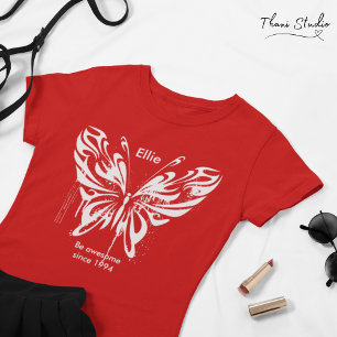 Red Modern Butterfly Birthday Customisable Text T-Shirt