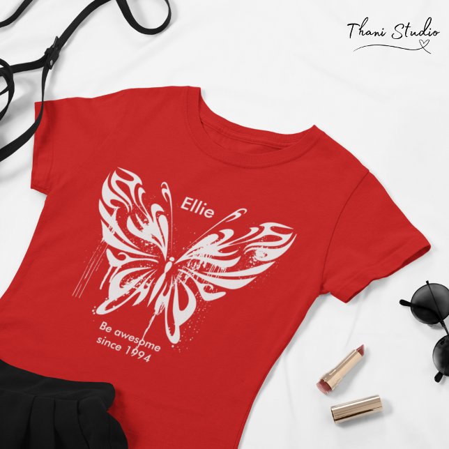 Red Modern Butterfly Birthday Customisable Text T-Shirt (Creator Uploaded)