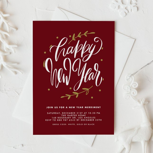 Red Modern Calligraphy and Wreath New Year Party Invitation (Customizable burgundy New Year party invitation featuring modern calligraphy and foliage wreath.)