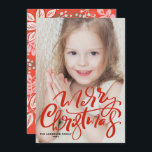 Red Modern Calligraphy Photo Merry Christmas Holiday Card<br><div class="desc">Merry Christmas! Send your festive Christmas greetings to family and friends with this customisable Christmas photo card. It features white modern calligraphy with festive pattern. Personalise by adding a photo,  names,  year and other details. This hand-lettered photo Christmas card is available in other cardstock.</div>