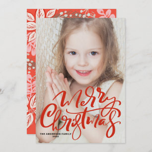 Red Modern Calligraphy Photo Merry Christmas Holiday Card