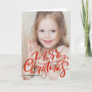 Red Modern Calligraphy Photo Merry Christmas Holiday Card