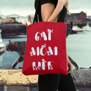 Red Modern Cat Mum Life Cute Mother's Day  Tote Bag