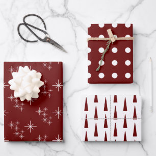Red Modern Christmas Trees Snowflakes Festive  Wrapping Paper Sheet