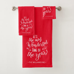 Red Modern Christmas Typography Personalised Bath Towel Set