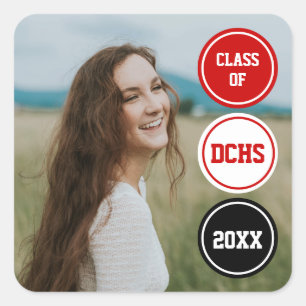 Red Modern Circles Photo Graduation Square Sticker