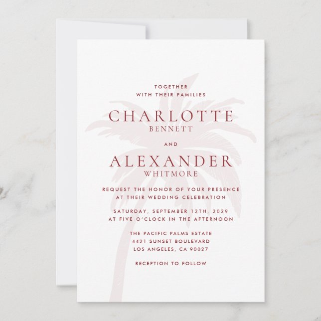 Red Modern Coastal Palm Tree Wedding Invitation (Front)