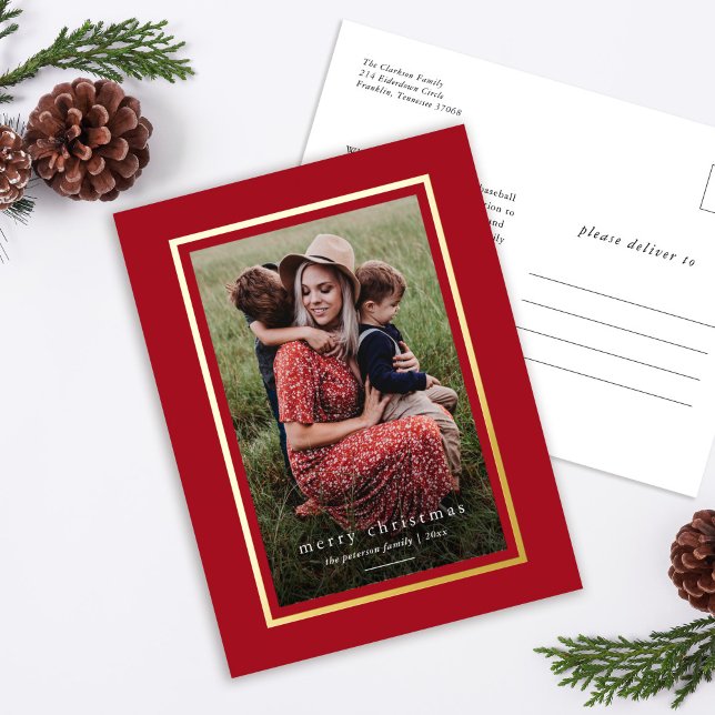 Red Modern Elegant Frame Simple Merry Christmas Foil Holiday Postcard (Creator Uploaded)