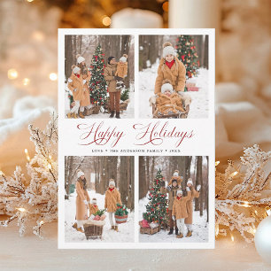 Red Modern Elegant Happy Holidays 4 Photo Holiday Card