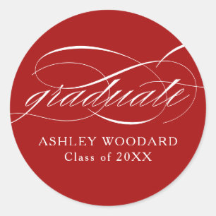 Red Modern Elegant Script Graduation Classic Round Sticker