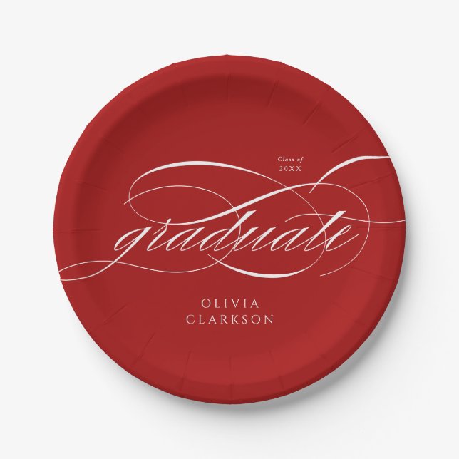 Red Modern Elegant Script Graduation Party Paper Plate (Front)