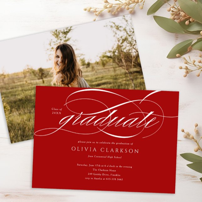 Red Modern Elegant Script Photo Graduation Party Invitation (Creator Uploaded)