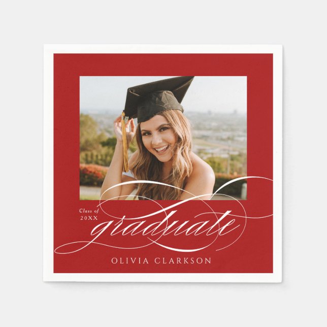 Red Modern Elegant Script Photo Graduation Party Napkin (Front)