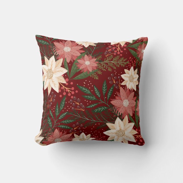 Red Modern Festive Christmas Poinsettia Holiday Cushion (Front)