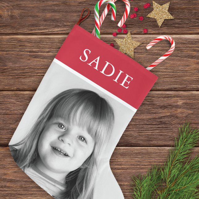 Red Modern Festive Photo + Name Holiday Large Christmas Stocking (Creator Uploaded)