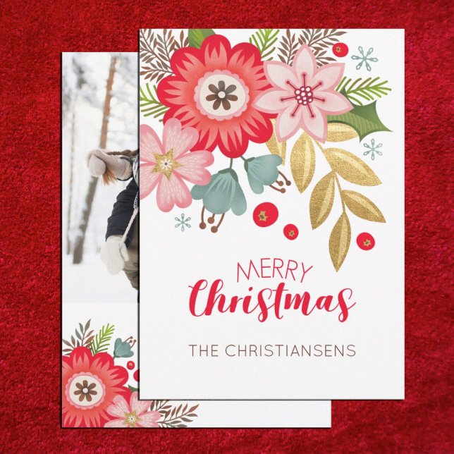 Red Modern Floral Christmas Photo Greeting Card (An elegant floral Christmas card. Add your photo and message on the back)