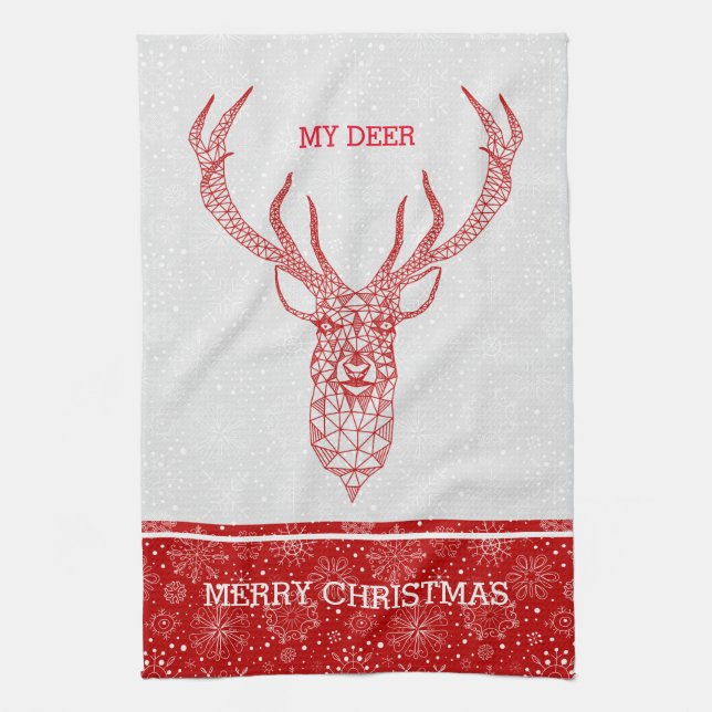 Red Modern Geometric Christmas Deer Tea Towel (Vertical)