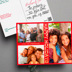 RED MODERN Gold HAPPY HOLIDAYS MULTI Photo Foil Holiday Postcard
