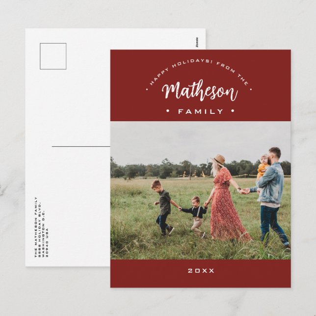 Red Modern Happy Holidays Custom Family Photo Year Holiday Postcard (Front/Back)