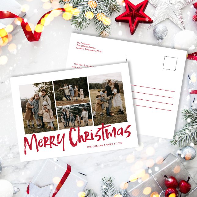 Red Modern Lettering Five Photo Merry Christmas  Holiday Postcard (Creator Uploaded)