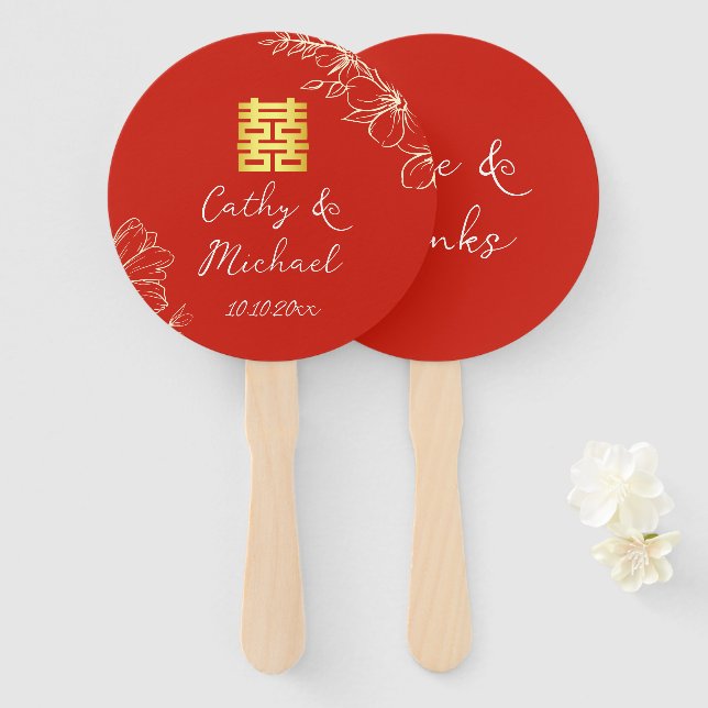 Red modern line floral script Chinese wedding Hand Fan (Front and Back)