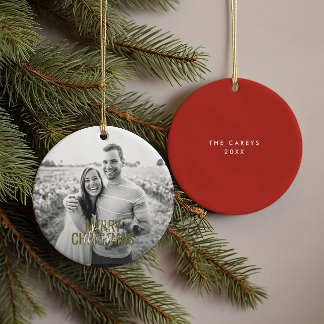 Red Modern Merry Christmas Custom Photo Ceramic Tree Decoration (Red Modern Merry Christmas Custom Photo Ceramic Ornament)