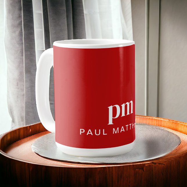 Red Modern Minimal Custom Monogram and Name Coffee Mug (Personalize with your initials and name.)