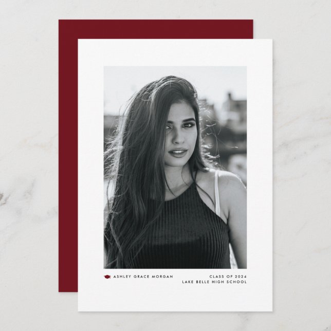 Red Modern Minimalist Photo Graduation Announcement (Front/Back)