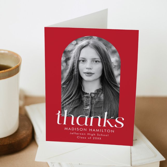 Red | Modern Minimalist Photo Graduation Thank You Card (Creator Uploaded)