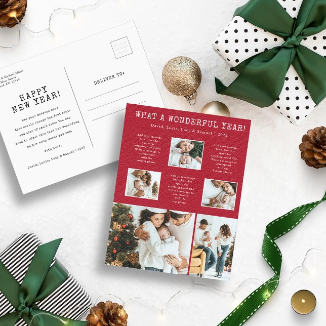 Red Modern Photo Collage Holiday Postcard (Red and White What a Wonderful Year Photo Collage Christmas Holiday Postcard)