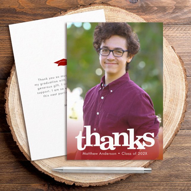 Red modern photo graduation bold simple typography thank you card (Choose from 5 colors to match your school!)